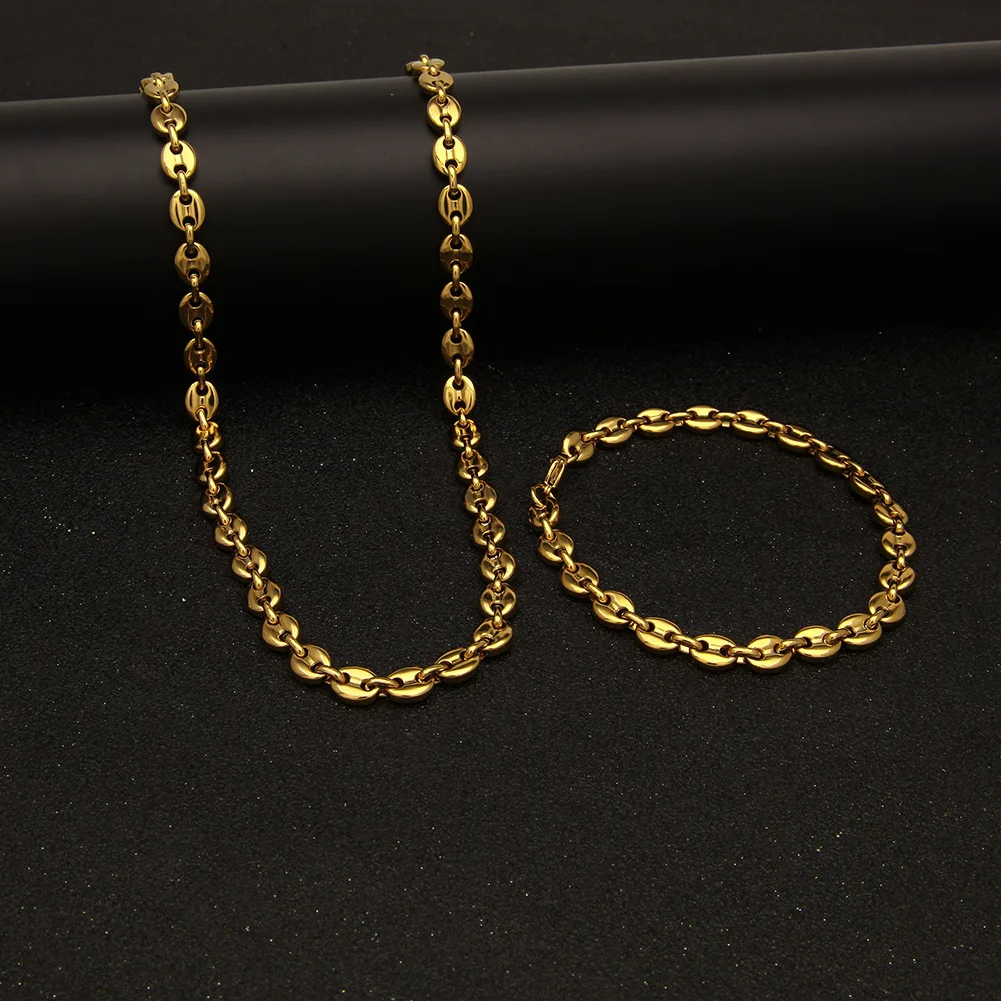 

Elegant stainless steel necklace Coffee bean pig nose button shape gold plating fine chain cuban hip hop necklace bracelet set, Gold, silver