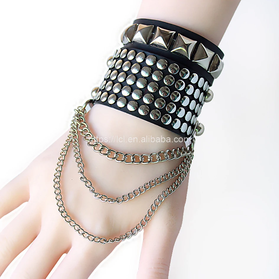时尚派对首饰黑色 pu 金属铆钉手镯与长链