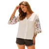 New OEM Design Custom Printing Button White Cotton And Linen Blouse Women