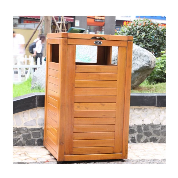 High Quality Outdoor Single Square Wooden Trash Bin With Ashtray