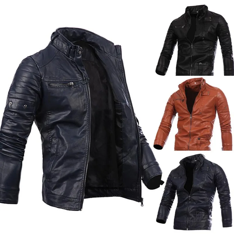 

Mens Leather Zipper Locomotive Leather Jacket Collar Leisure Jacket, As pictures
