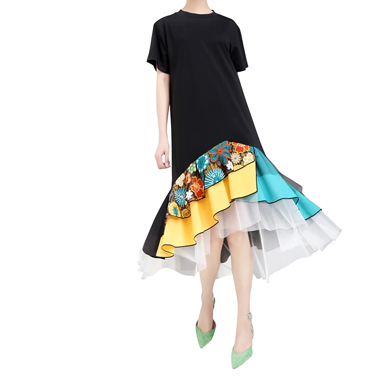 

Casual dress 2019 new summer women's fashion maxi skirt stitching embroidery mesh ruffle dress Wholesale clothing 5198