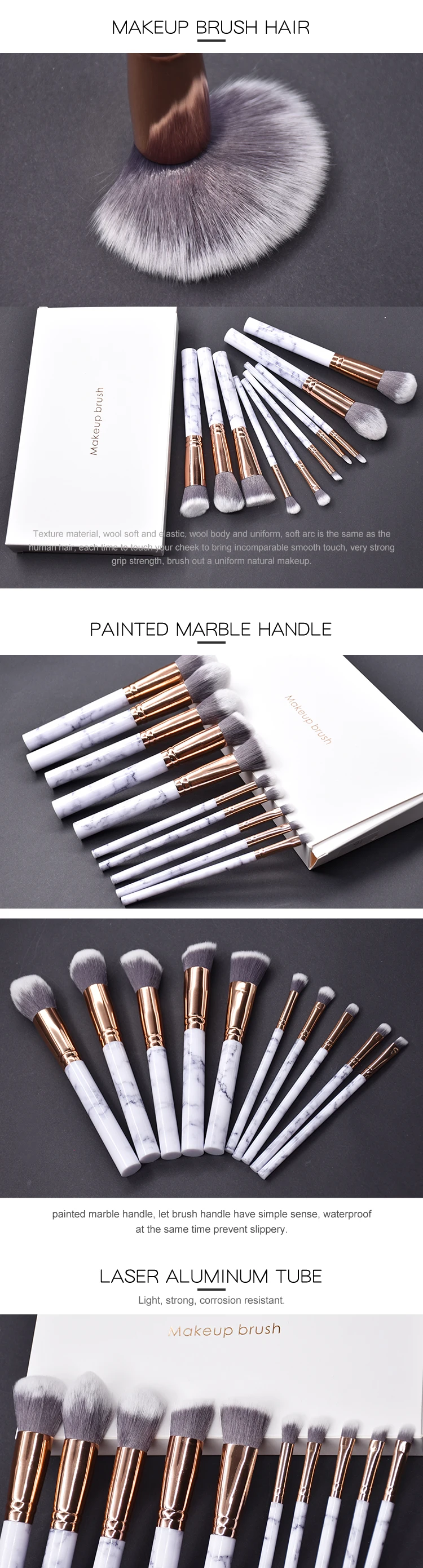 Professional 10 piece marble makeup brush set with box