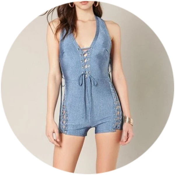 

oem 2018 new arrival high quality rayon women halter backless fashion denim sexy XXX binding tight mini casual bandage jumpsuit, Blue