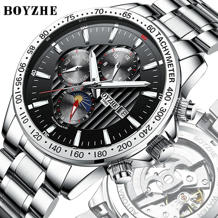 

BOYZHE Luxury Brand Mechanical Movement Waterproof Tourbillon Skeleton Automatic Stainless Steel Men Luminous Watch, N/a