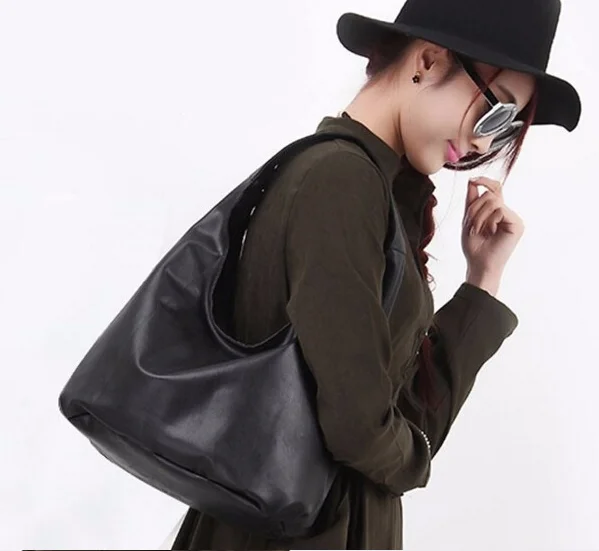 Luxury Plain Black Trendy Bucket Hand Bags Big Handbag Soft Leather ...