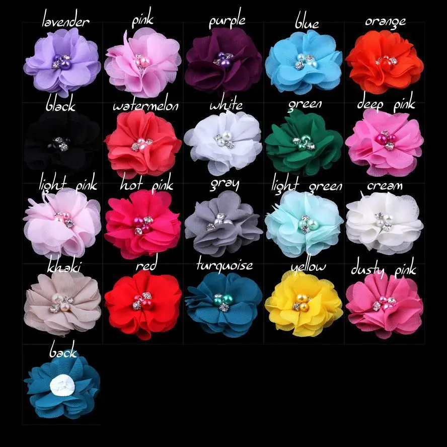 40pcs lot 2 Petitie Chiffon Flowers with Pearl Rhinestone Center for Hair Clips Baby Hair