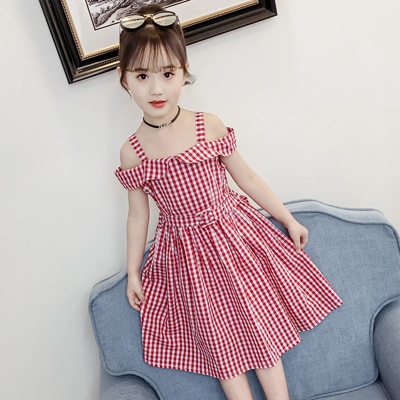 

New Product Girls Summer Off-shoulder Sleeveless Check Princess Kids Clothing Dress