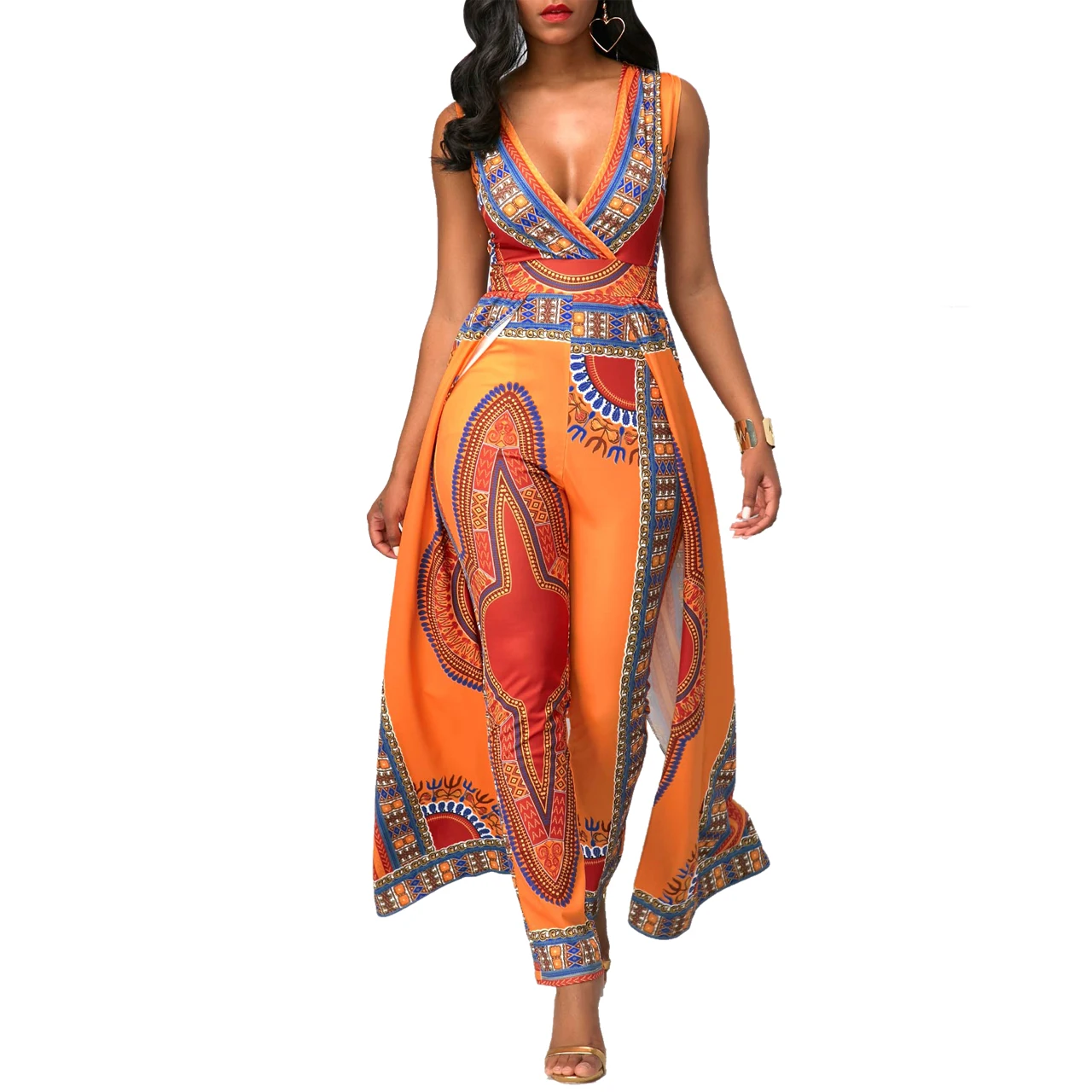 African women's sleeveless printed orange ethnic style jumpsuits