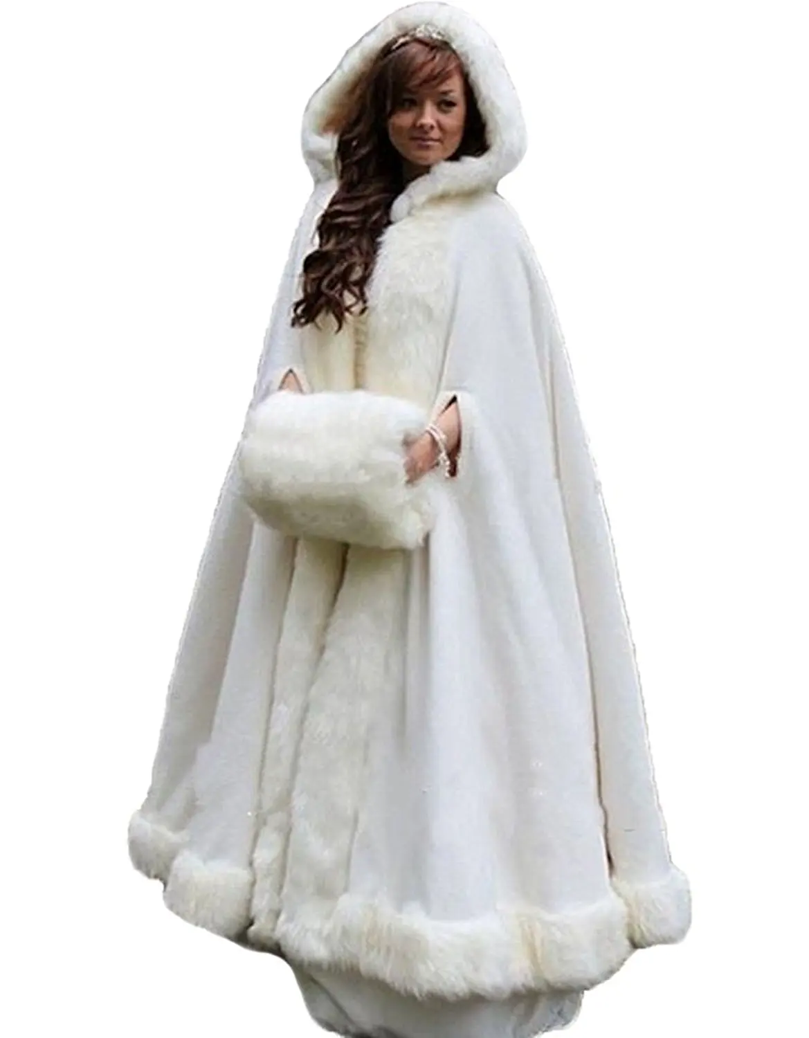 Telamee Wedding Cloak Velvet Long Bridal Cape Hooded Faux Fur Winter Wrap Stoles