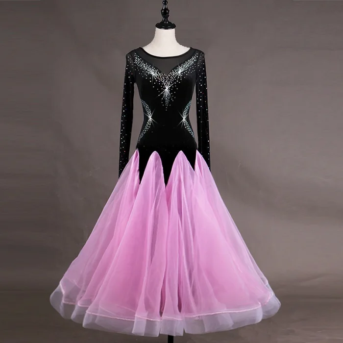 

High-Grade Flash Drill Ballroom Dance Dresses Women Long Sleeve European Yarn Ballroom Waltz Competition Dancing Dresses DL2048