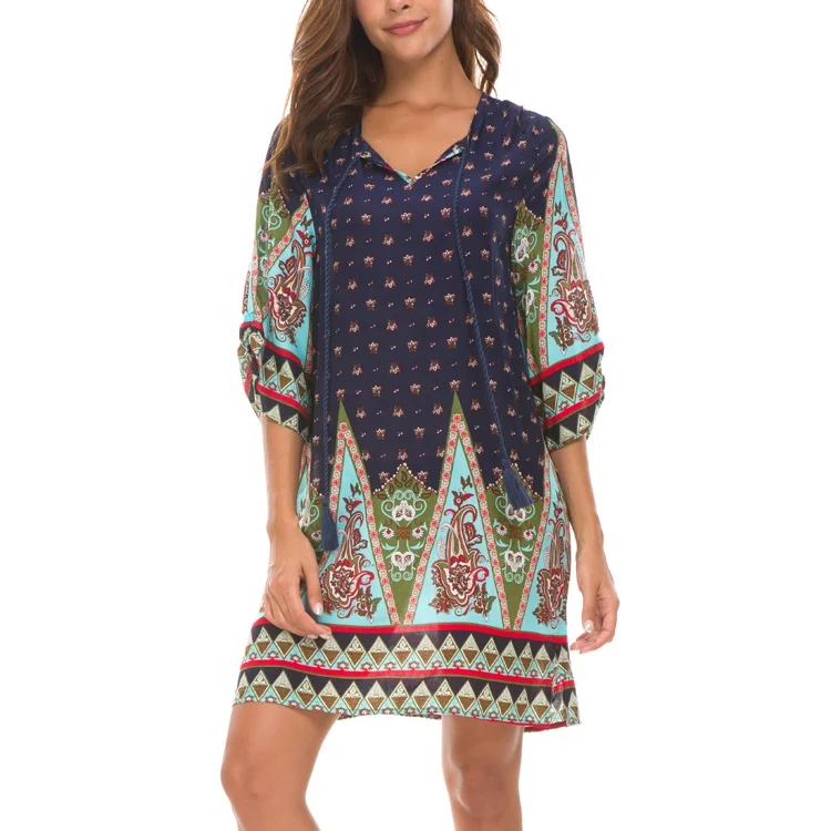 

Women Neck Tie Shift Casual Elegant Summer Floral Print Boho Dress