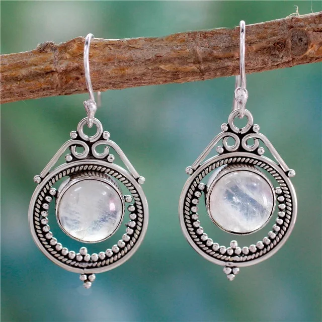 

Vintage Women Moonstone Dangle Long Earrings For Women Ethnic Round Ladies Party Handmade Jewelry Accessories