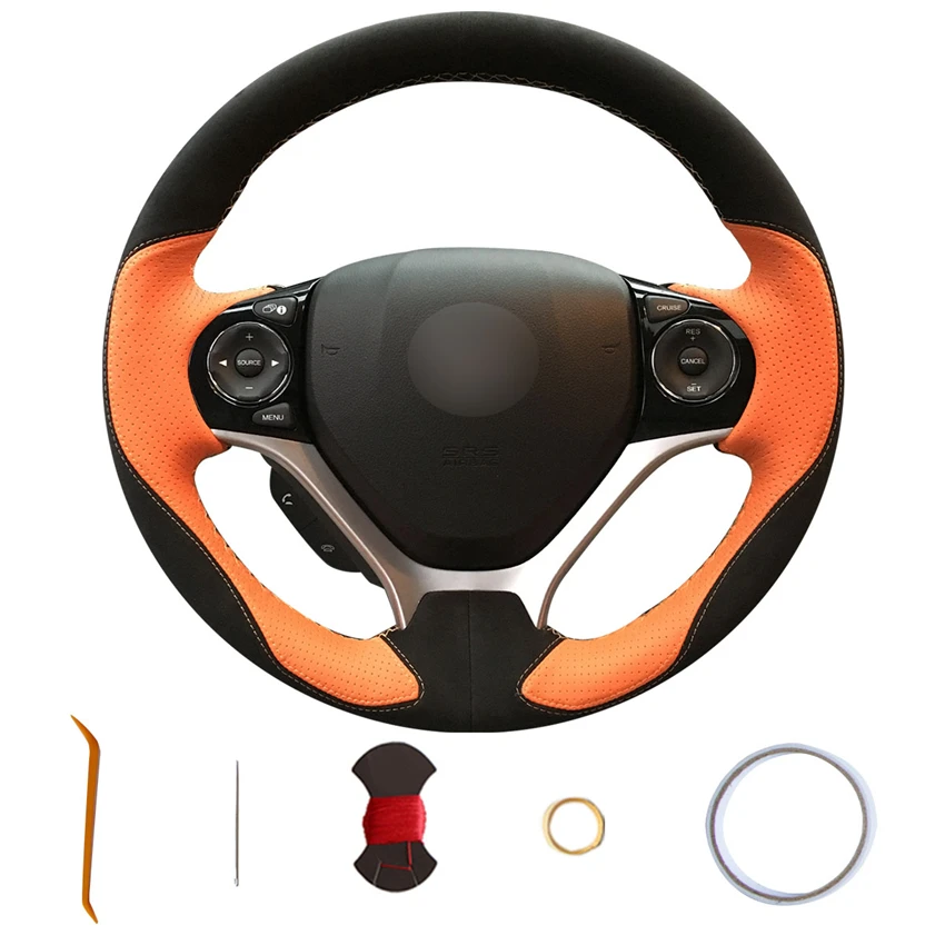 

Car Custom Hand Sewing Orange Leather Suede Steering Wheel Cover for Honda Civic 9 2012 2013 2014 2015