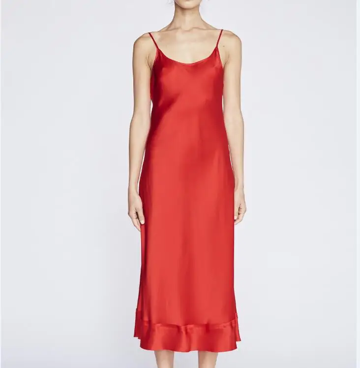 red silk slip dress