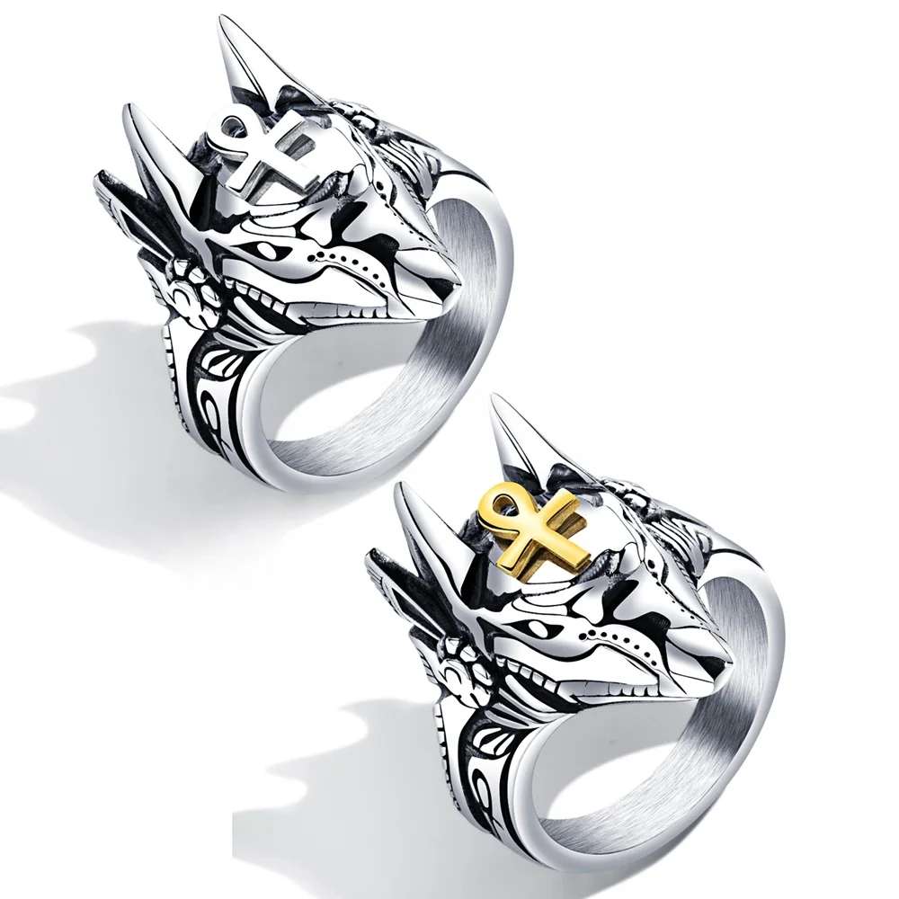 

Anubis Cross Wolf Head Men Design Stainless Steel Custom Ring, Steel color, gold or custom design