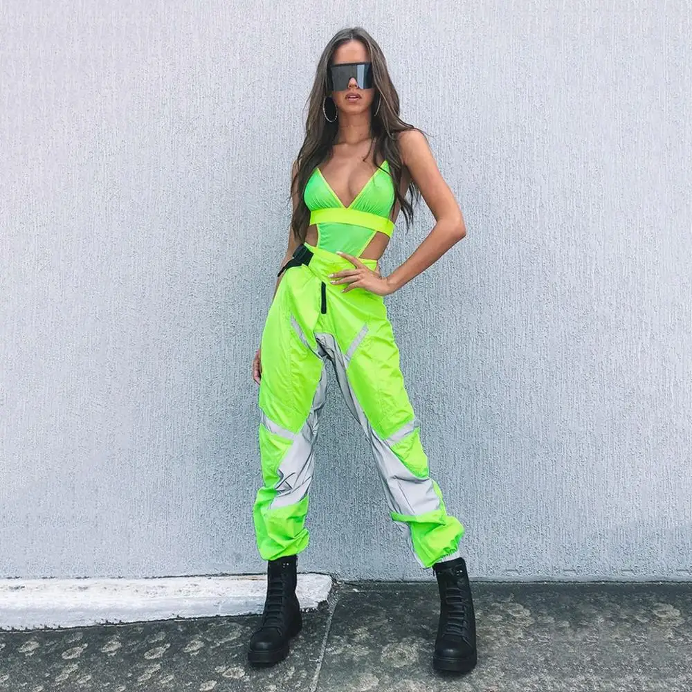 

Women Reflective Clothing Club Party Cargo Pants Casual Elastic Waist Reflective Long Pants, Picture