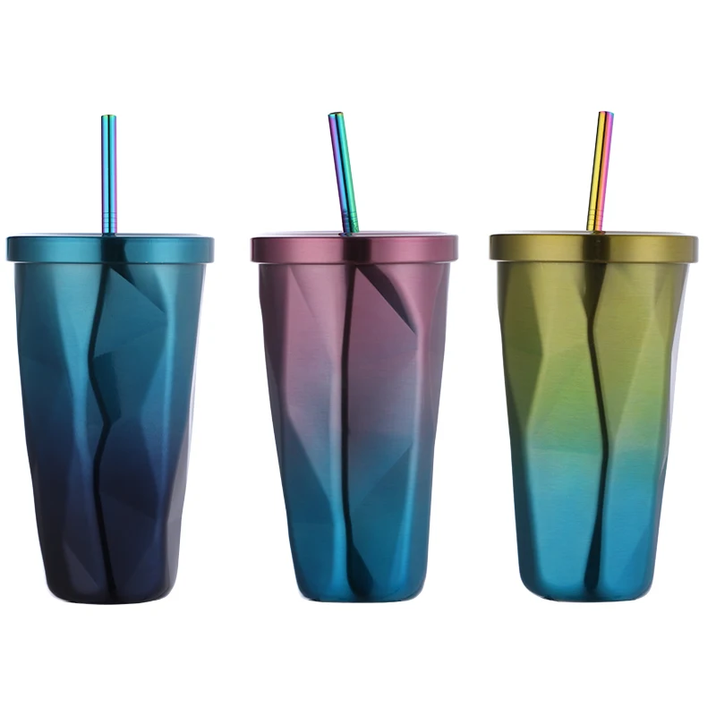 

Wholesale Reusable Drinkware Rainbow Stainless Steel Tumbler Cup With Straw, 3 colors