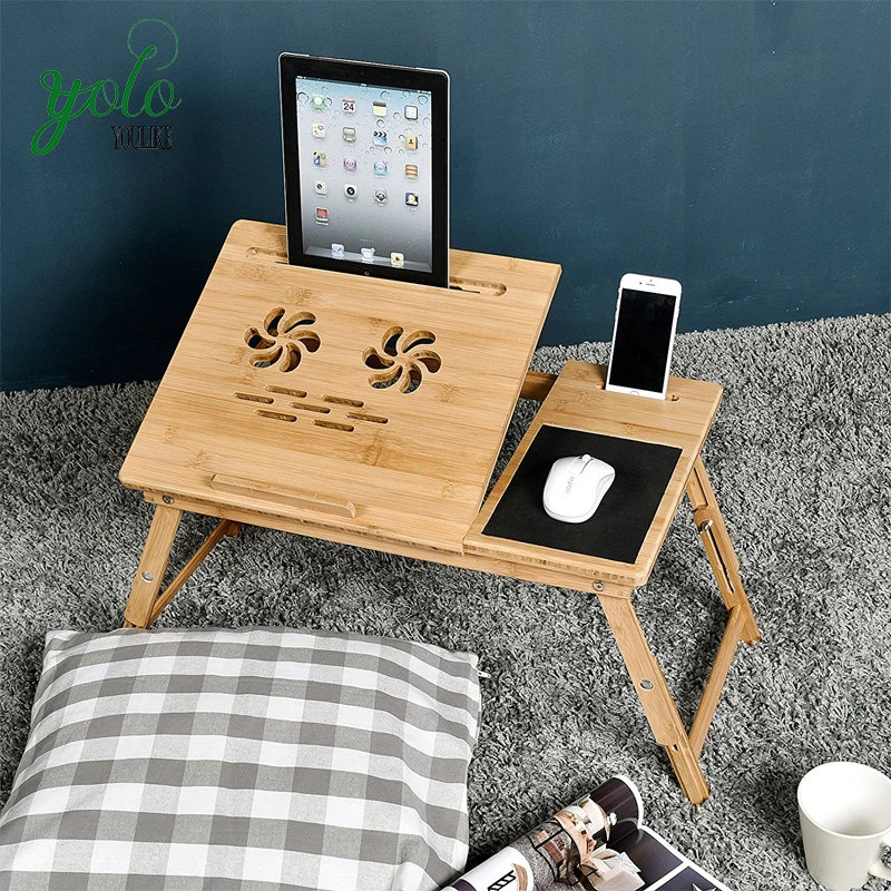 
Adjustable Bamboo Serving Tray Wooden Laptop Desk with Drawer 