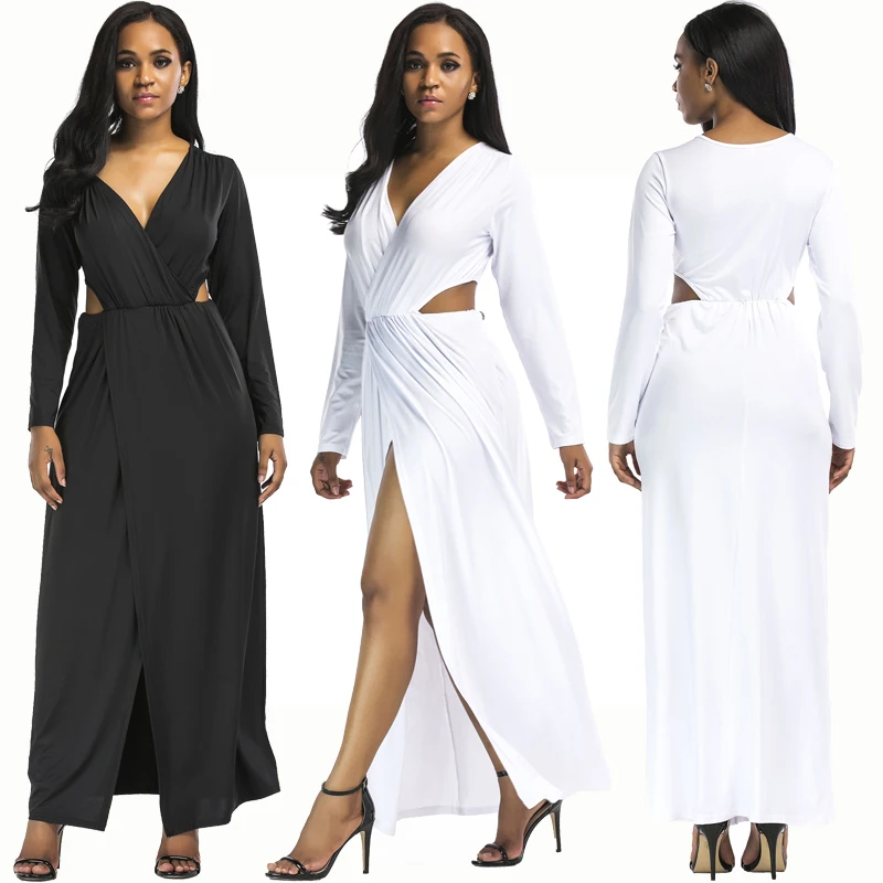

Women's Boho Deep V Neck Knit Split Long Maxi Dress, Black & white