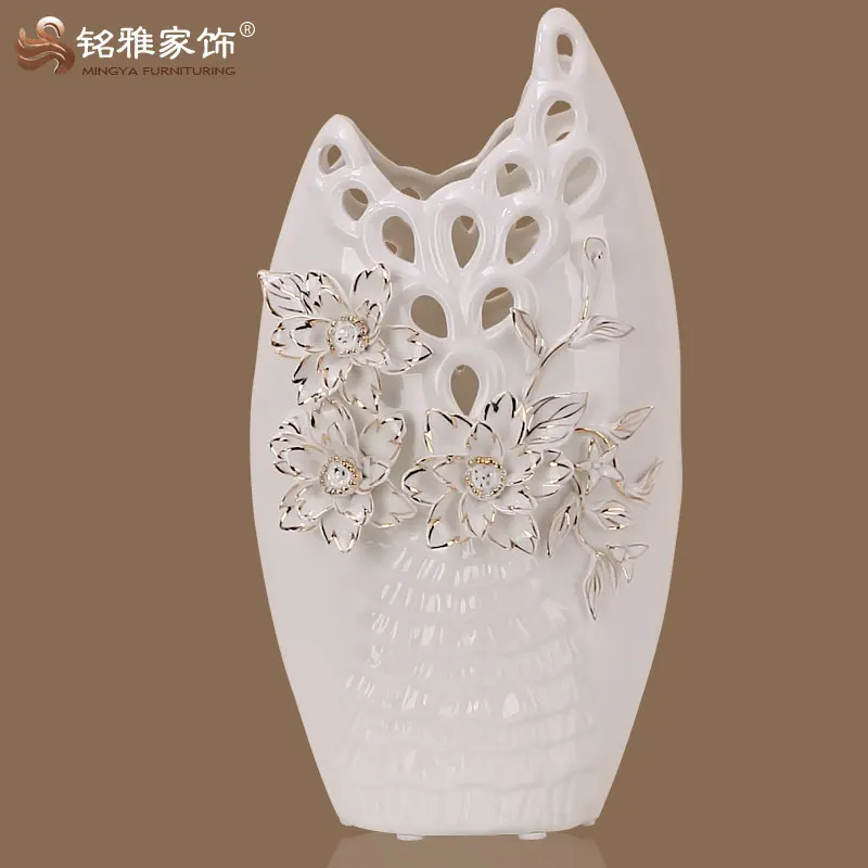 

On-glazed hollow carved modern white ceramic flower vases with 3D flower, White+silver/rose gold or customized colors