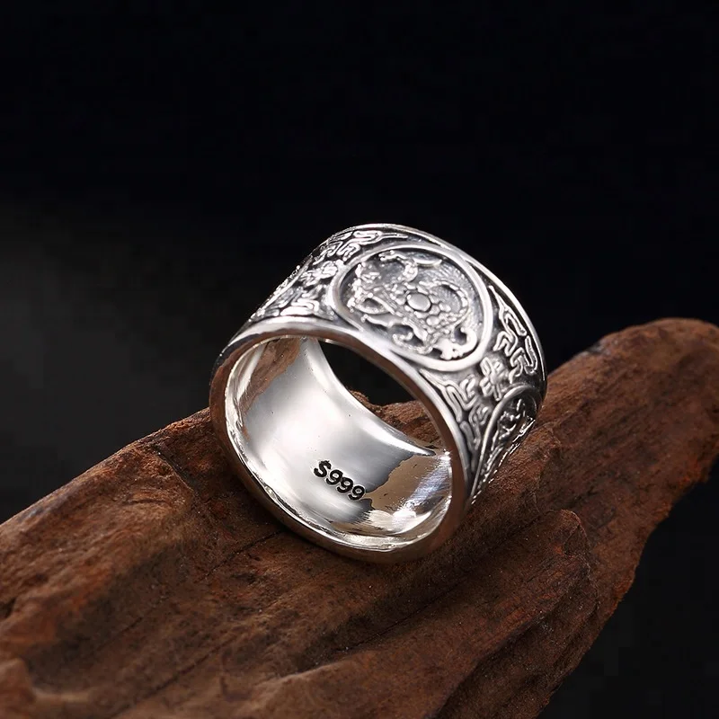 

Solid Silver 999 Rings For Men Vintage Chinese Four Mythic Animal Personality Silver Ring Female Jewelry