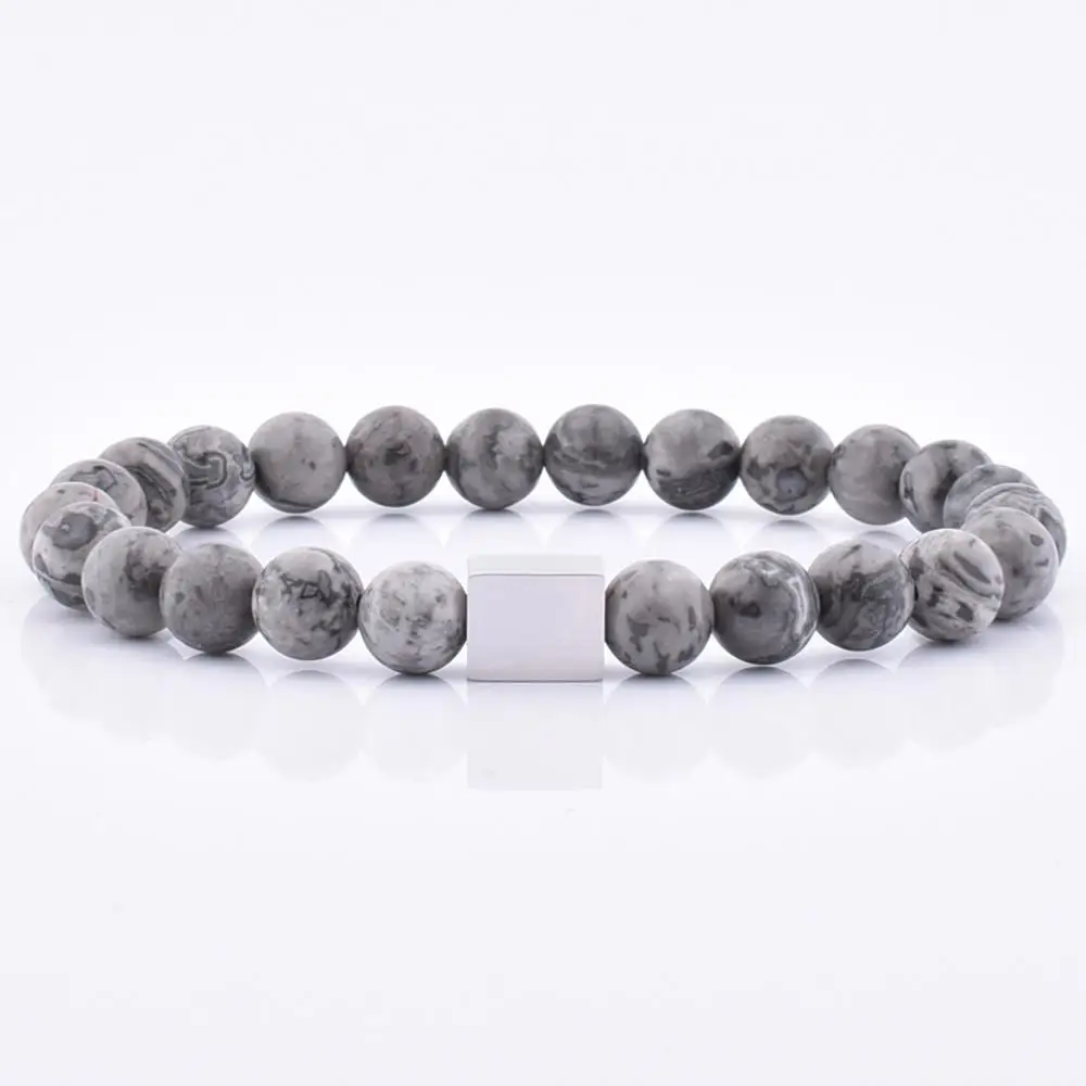 

Handmade Grey Jasper Gemstone Steel Logo Charm Bracelet For Customization