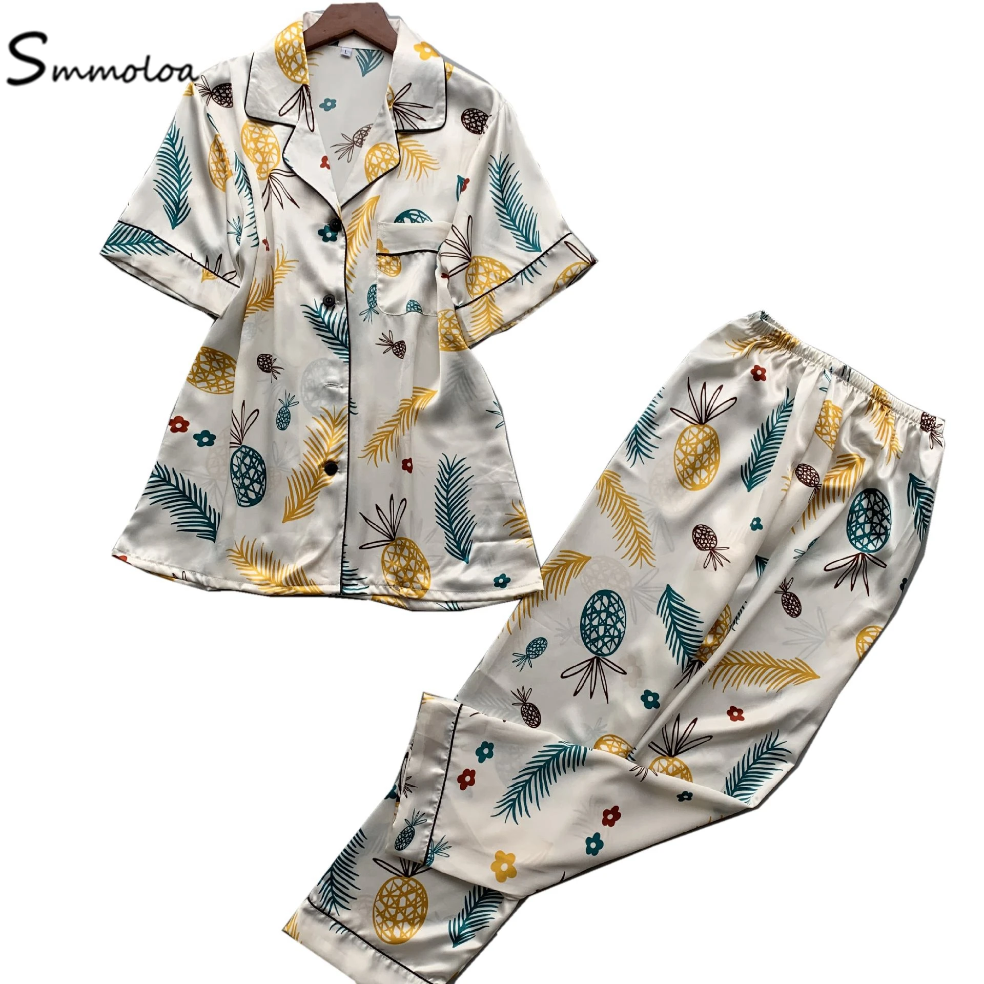 

Smmoloa Summer Women Silk Stain Pajamas Elegant Print Sleepwear Shorts Sets, Pictured