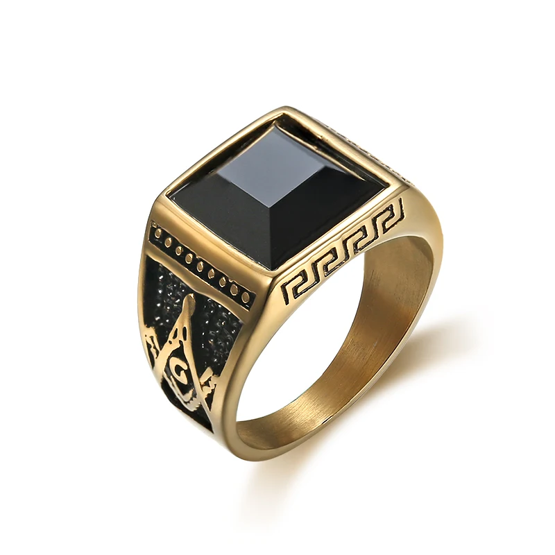 

316L Stainless Steel Masonic Ring Bezel Setting Geometric Black CZ Vintage Punk Rings for Men Fashion Jewelry