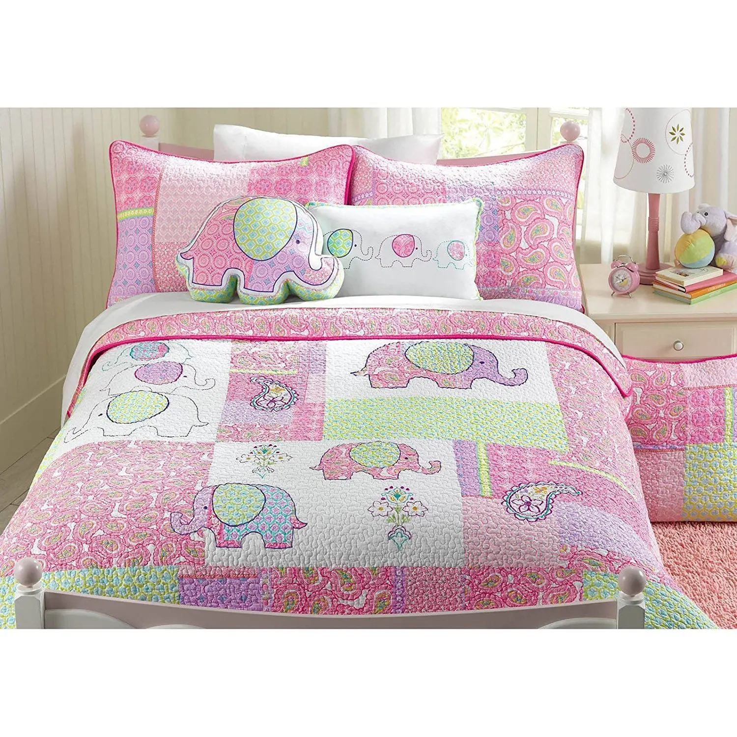 2pc Adorable Purple Green Pink Blue White Twin Quilt Set, Elephant Themed Bedding Colorful Fun Cute Animal Patchwork Girls Kids Flower Floral Paisley Daisy Jungle Pretty, Cotton