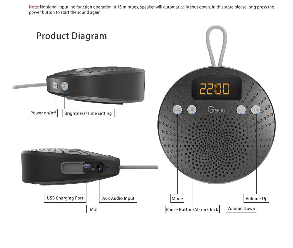 Fm Radio,Alarm Clock,Shower Speaker With Bluetooth Waterproof,Led