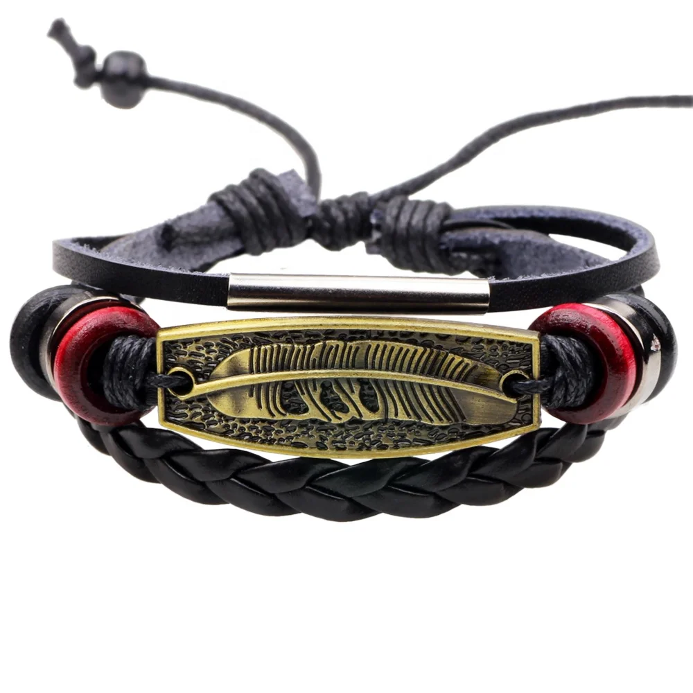 

Alloy feather charm wax rope leather bracelet for women men,adjustable leather straps bracelets