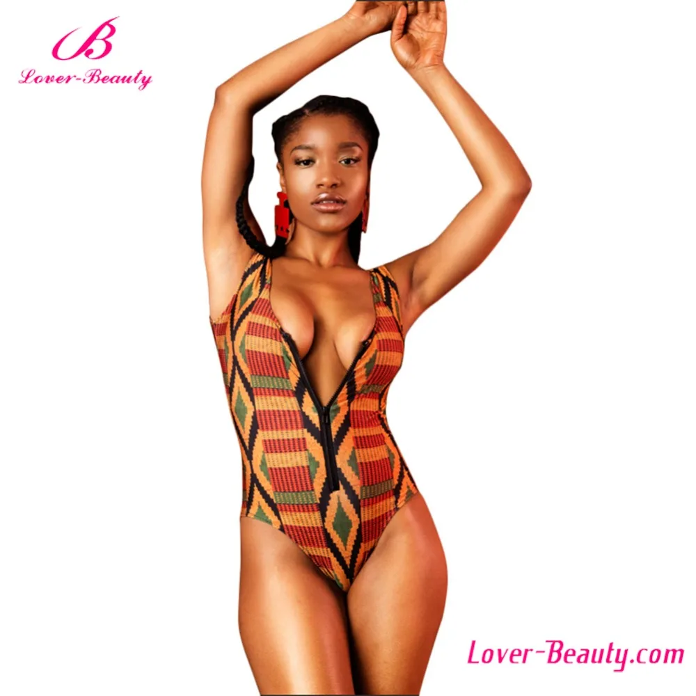 

National Style Zipper Ankara Print Monokini Bathing Suit, As photo shown