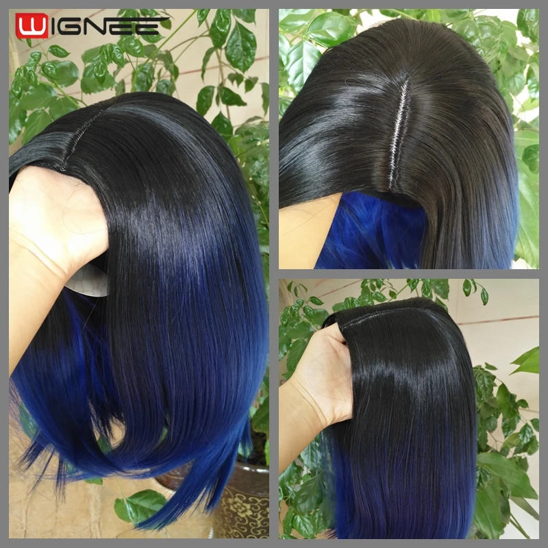 Synthetic Skin Top Bob Wig Ombre Black To Blue Color Non Lace