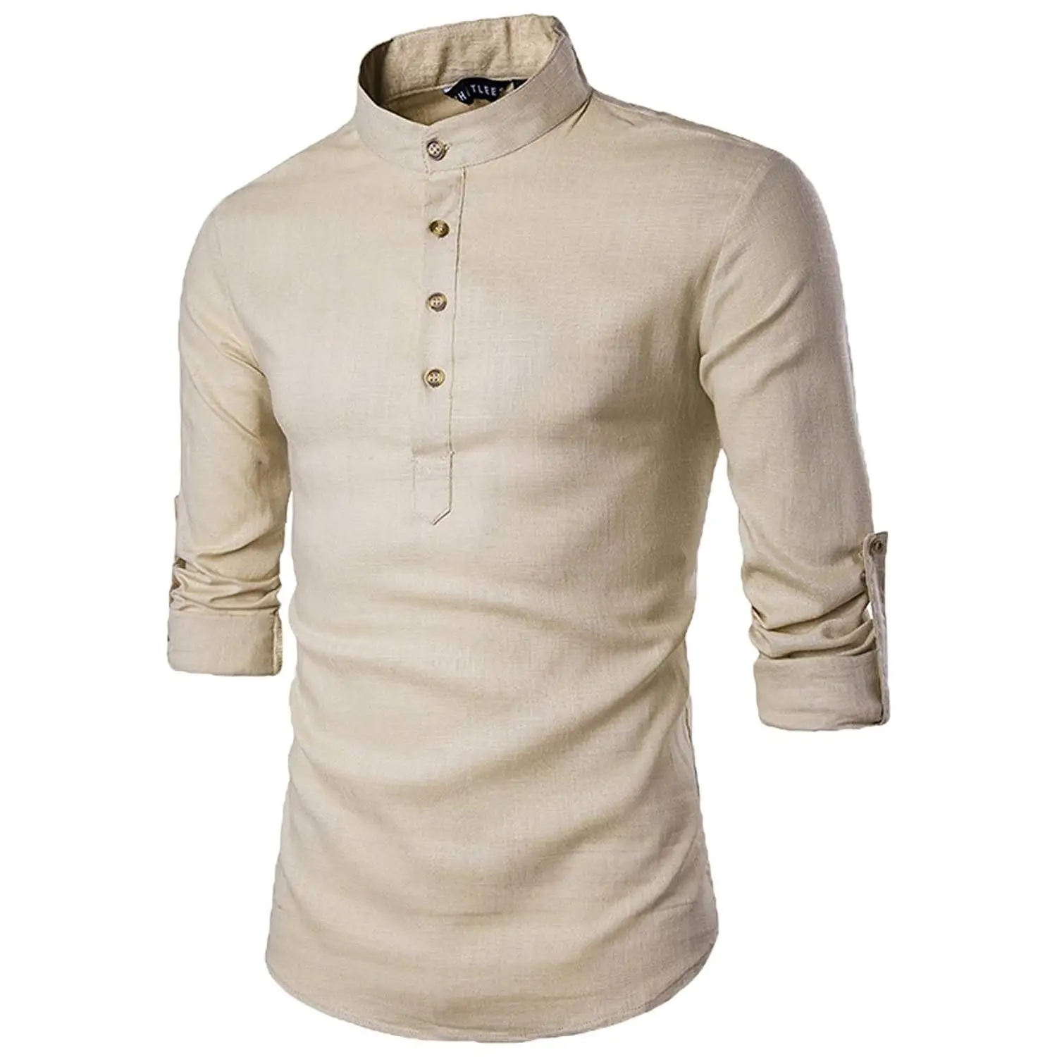D/&R Fashion Mens Low Grandad Collar Slim Fit Roll Up Sleeves Shirt