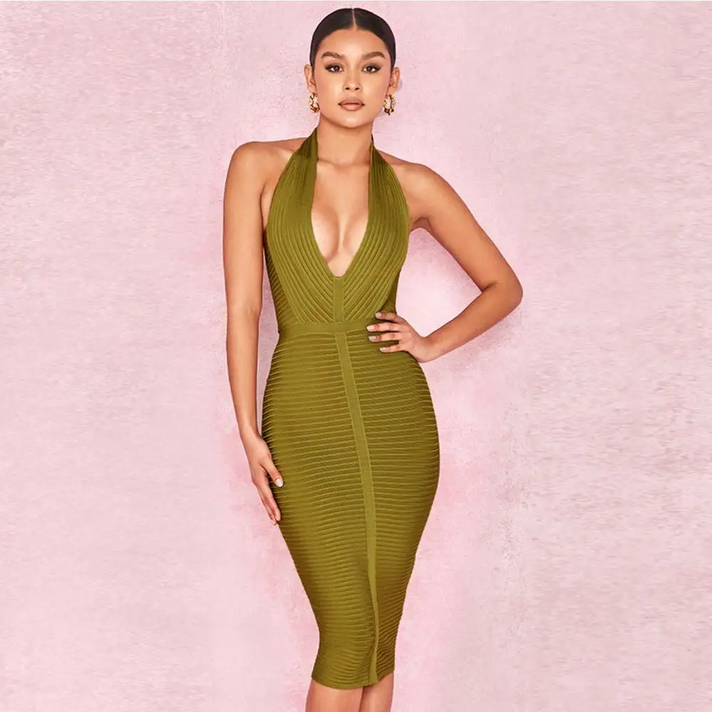 

New Ladies Wholesale Sexy Striped V-neck Olive Green Bandage Dress Mujer