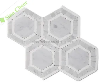 Carrara And White Thassos Marble Hexagon Mosaic Bathroom