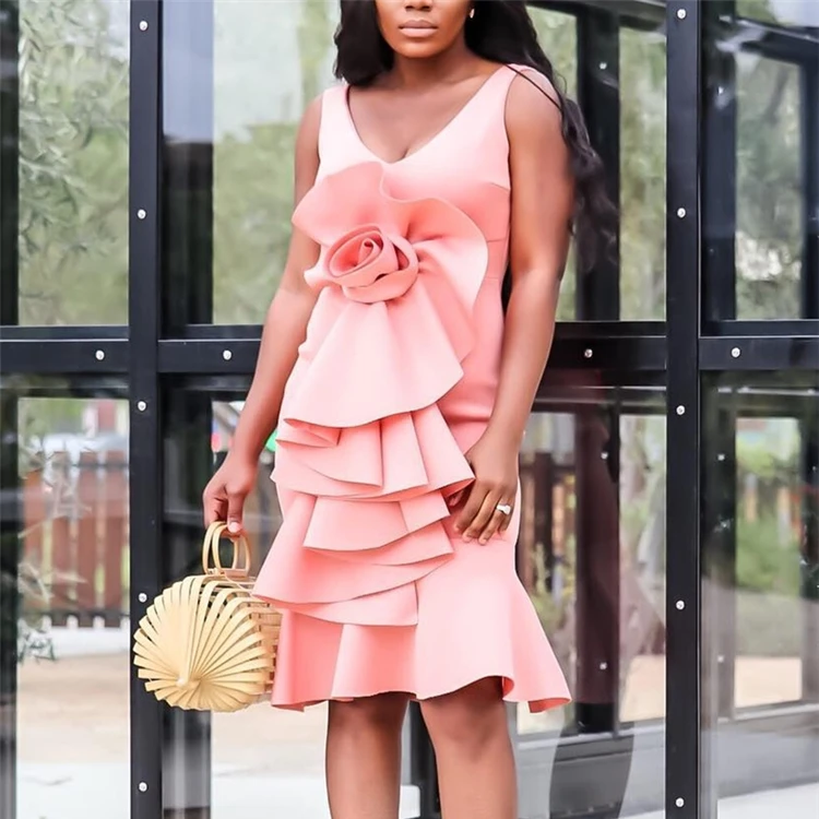 2019 Fashion Summer Breathable Washable Off Shoulder Ruffles Pink Flower Knee Length Women Casual Dresses