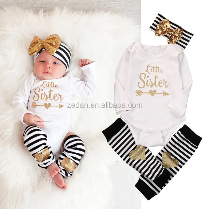 

Wholesale jumpsuit & leg warmers & bow headband baby romper sets Little Sister"gold print baby clothes romper, N/a