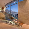 High performance double beam straight stair with wood/glass treads