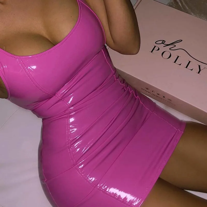 

9Color PU Leather Sexy Bodycon Women Dress Pink Strap Sleeveless Skiny Sheath Mini Club Dresses Short Vestidos Y11331