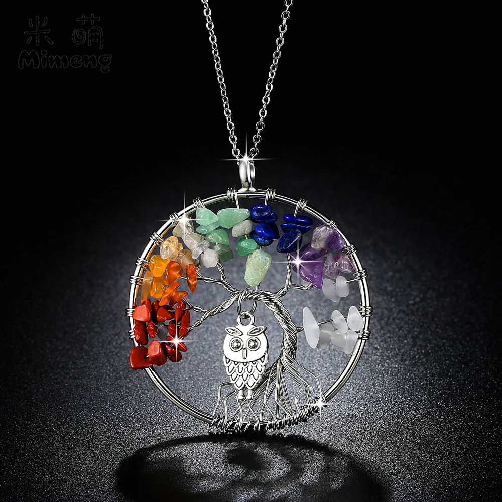 

Silver Plated Chain Fashion Owl Life Tree Pendant Necklace Colorful Natural Gemstone Stone Life Tree Necklace