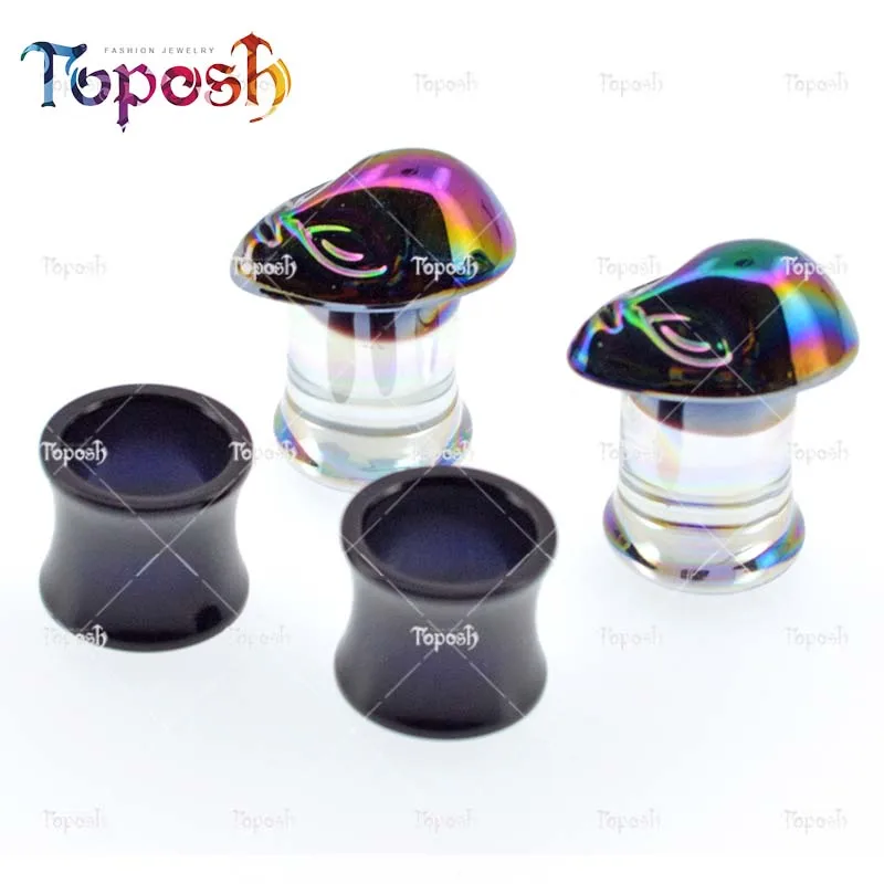 

Glass Iridescent Alien Double Flare Ear Plugs with Black Tunnels Ear Gauge Piercing