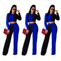 

2019 Sexy fashion round neck long sleeve patchwork two-piece pants set for women