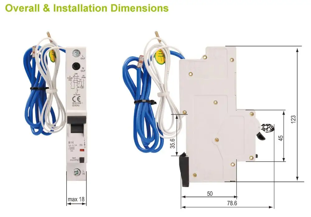 Single Pole and Switched Neutral 30mA 100mA 6A 10A 16A 20A 32A 40A 50A 63A AC or A type DPN 6KA 10KA one module Long body RCBO