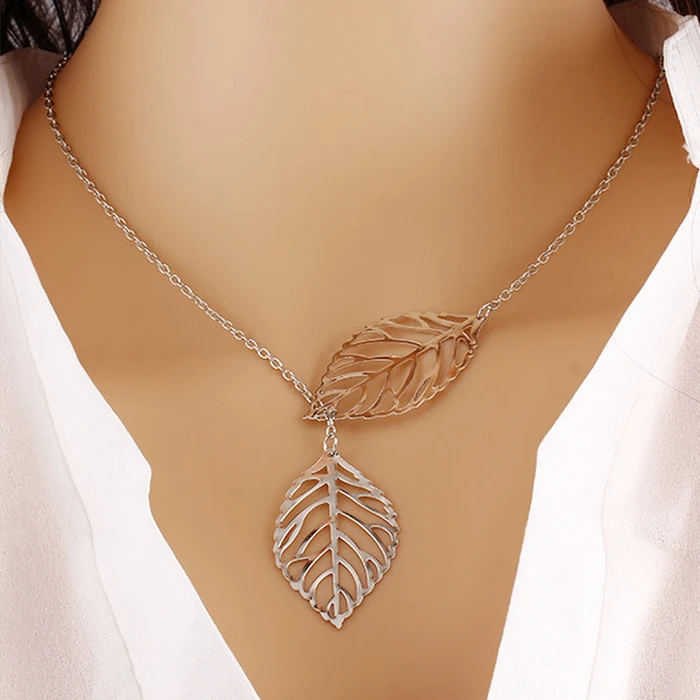 

Free Shipping Cheap Alloy Two Leaves Pendant Necklace Fashion Chain Necklace, As show