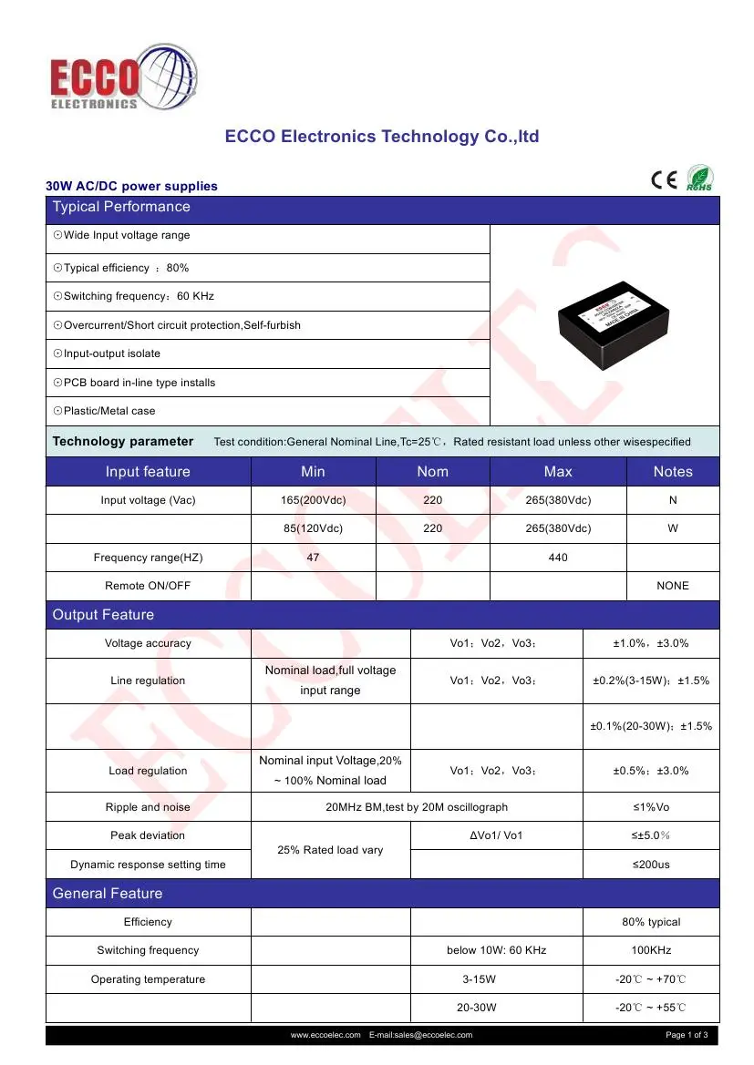 Pcb Mount Encapsulated 30w Ac/dc Converter 110v/220v To 3.3v/5v/9v/12v