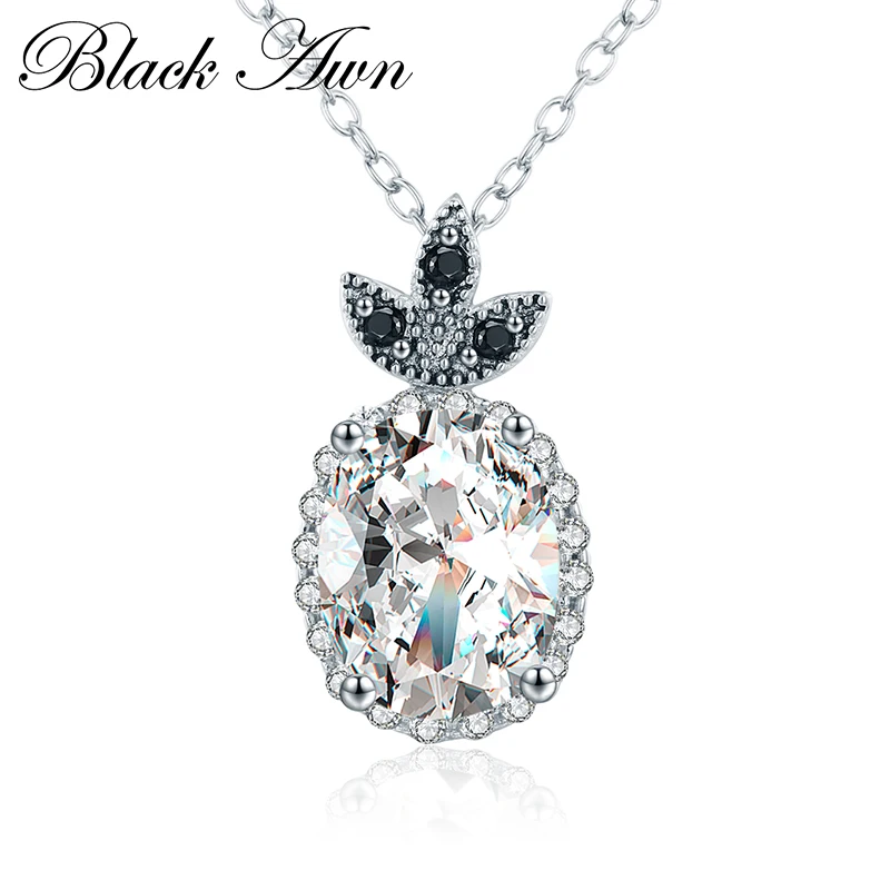 

[BLACK AWN] 925 Sterling Silver Fine Jewelry Trendy Flower Black&White Stone Necklaces & Pendants for Women Girl Gift P044