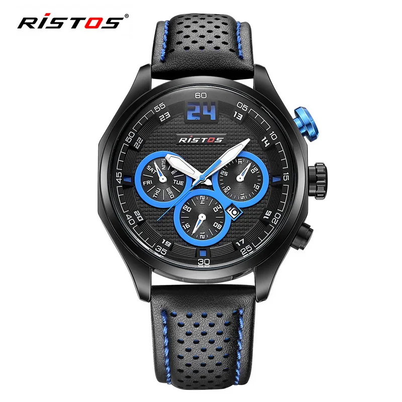 

RISTOS 93013 Luxury Brand Leather Strap Quartz Movement Watches Men Fashion Luminous Wrist Watch Men, 4 color for choice