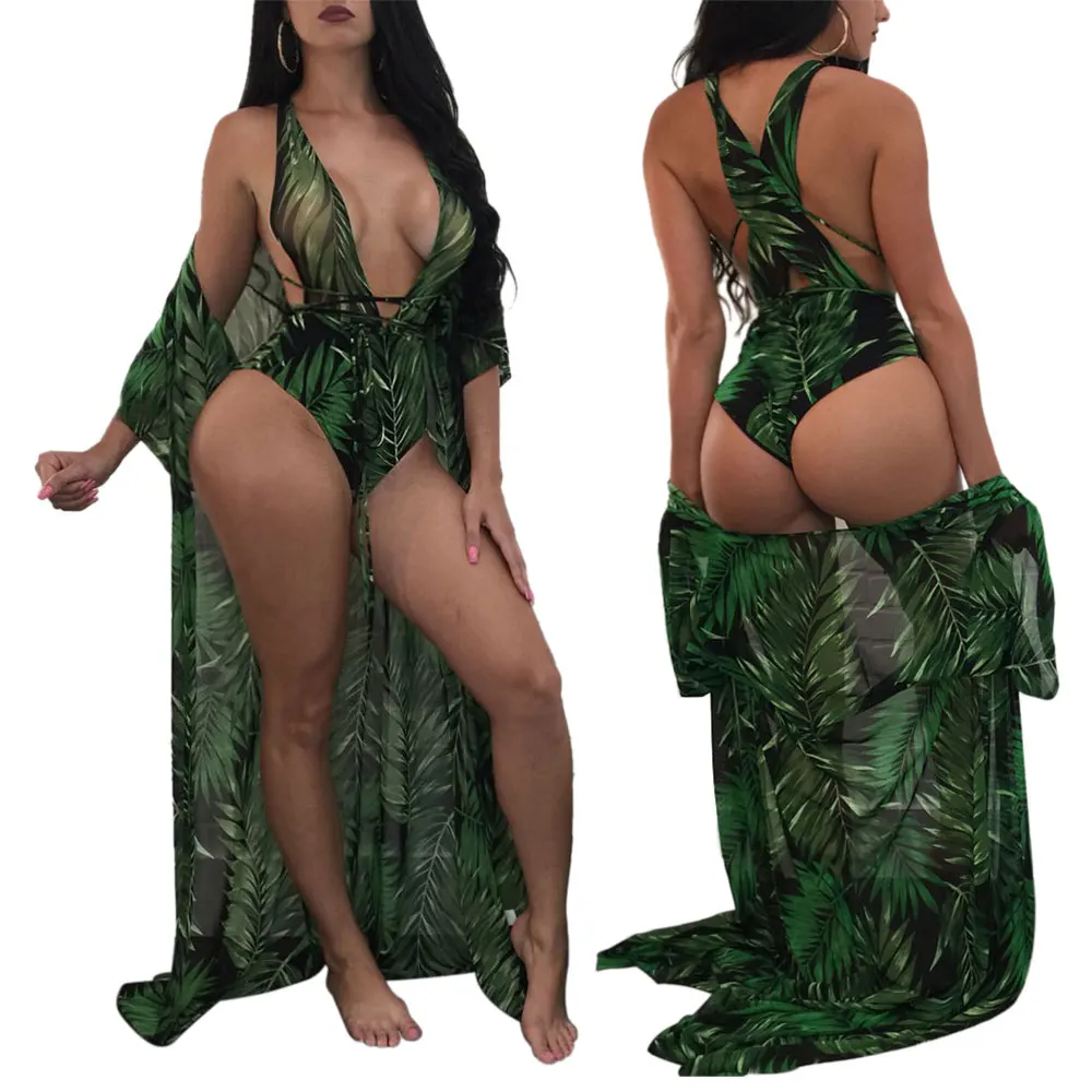 

Leaf Print Long Sleeve Jacket And Two-Piece Swimwear Bikini, Customzied